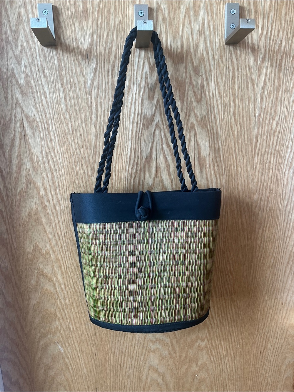 Woven Straw Tote Bag with Black Trim and Braided Straps